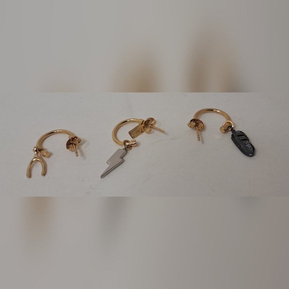 NEW Coach Pave Wishbone Feather Bolt Mix Earring Set of 3 - Picture 4 of 5